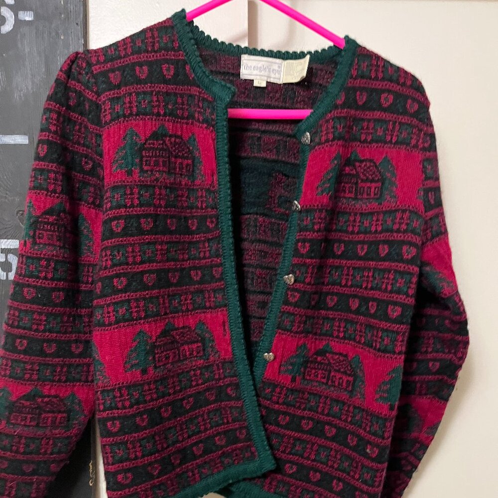 Eagles Eye 80s vintage wool sweater green and red size L but is modern S - Picture 1 of 10